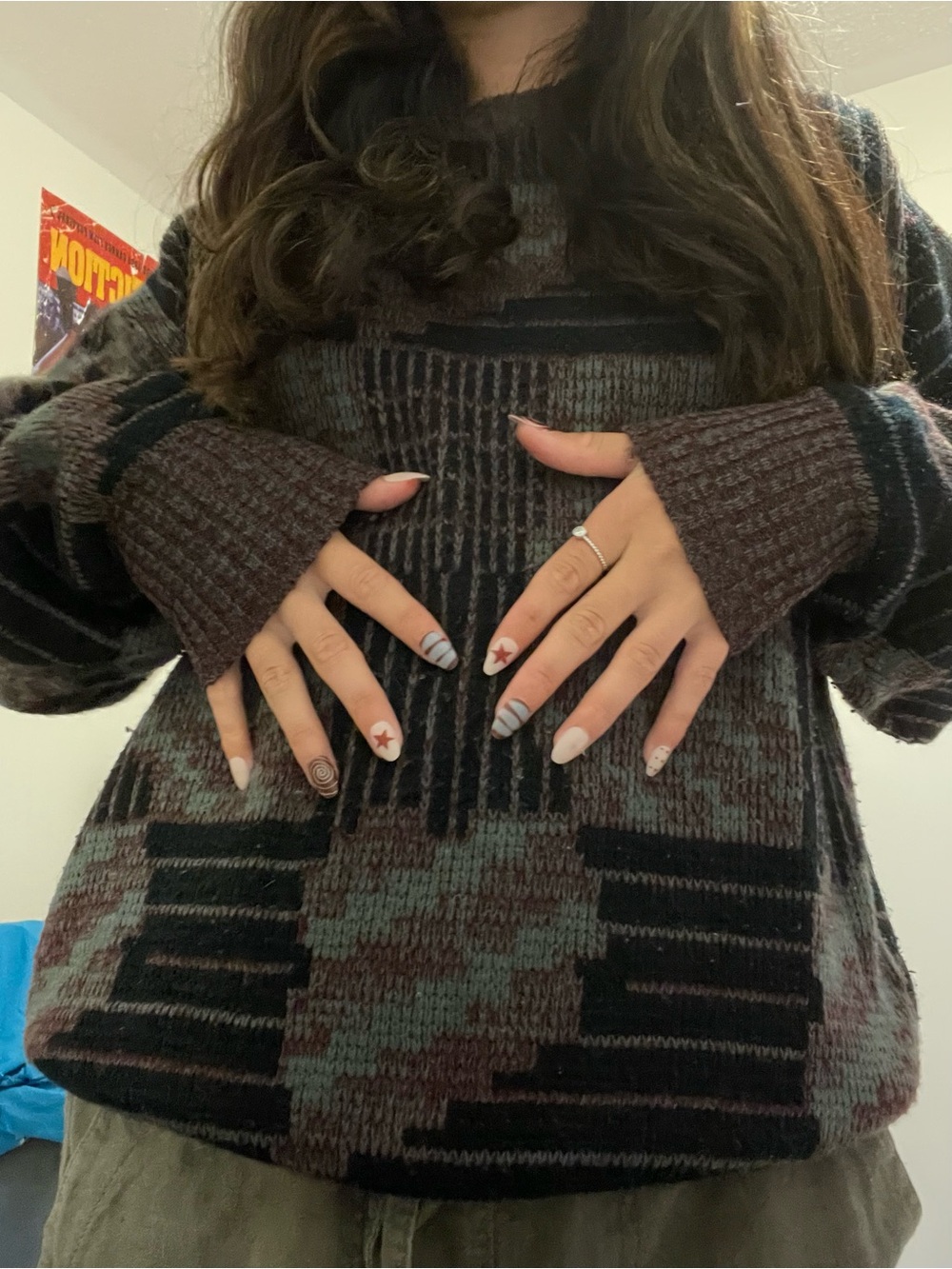 Geometric Pattern Knit Sweater in Brown and Olive (Fits Women’s Small/Med) - Picture 2 of 5